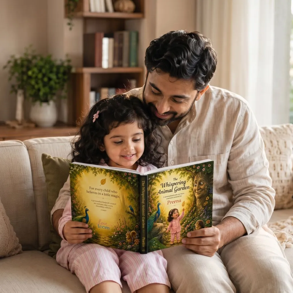 A father and his young daughter reading the personalised hardcover The Whispering Animal Garden together at home