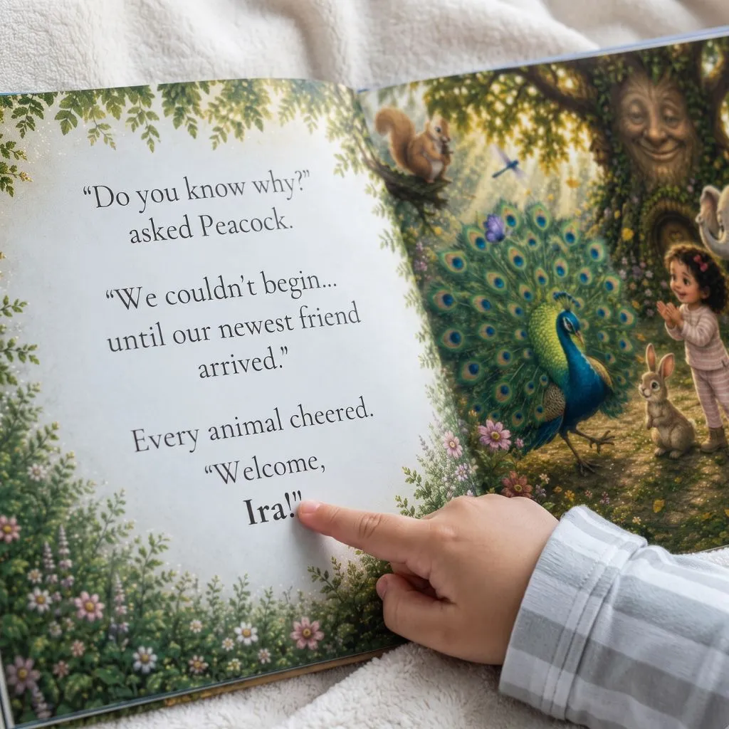 An open interior spread showing the illustrated garden artwork and the child's name printed in the story