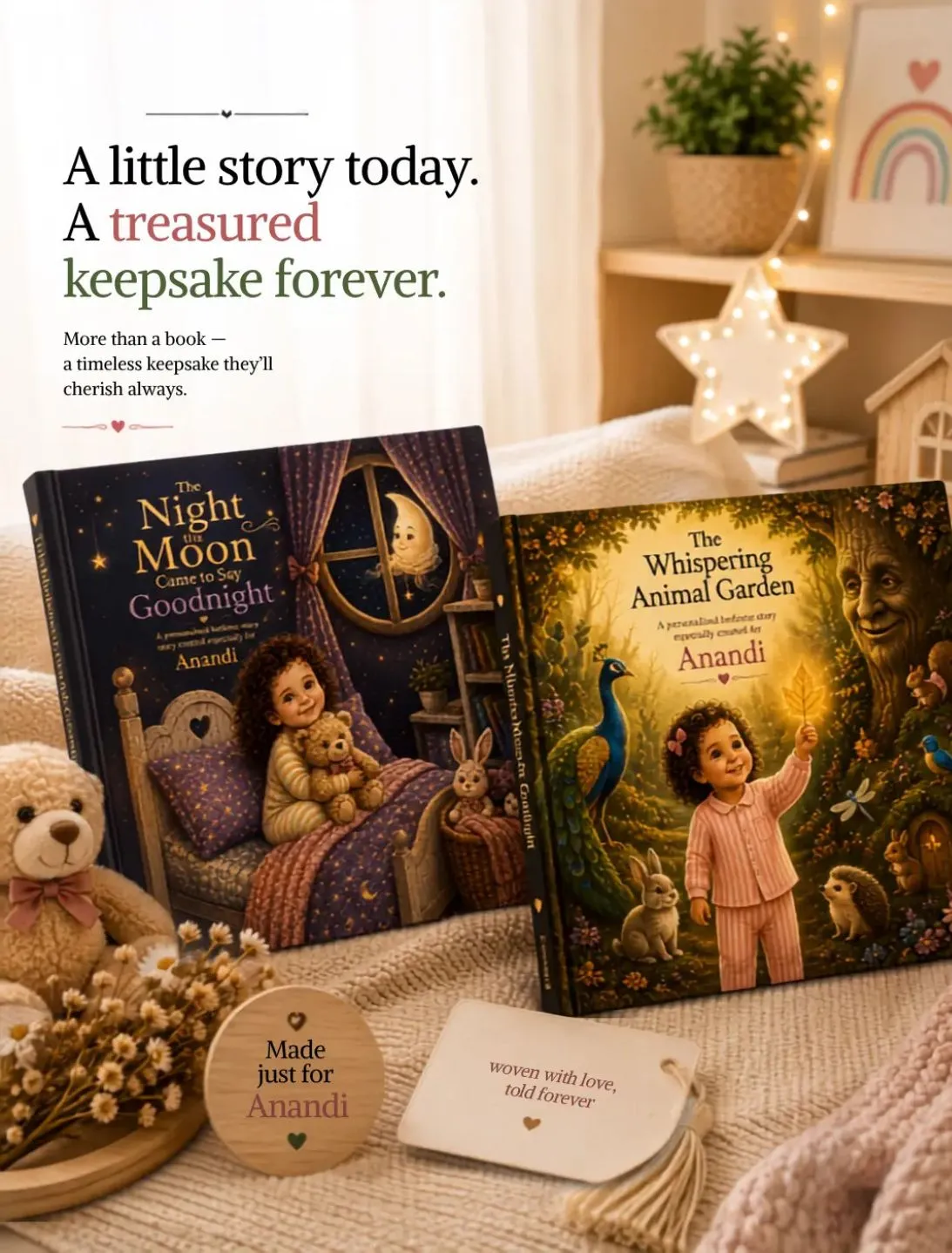 Two personalised Love Loom hardcover storybooks displayed as keepsakes