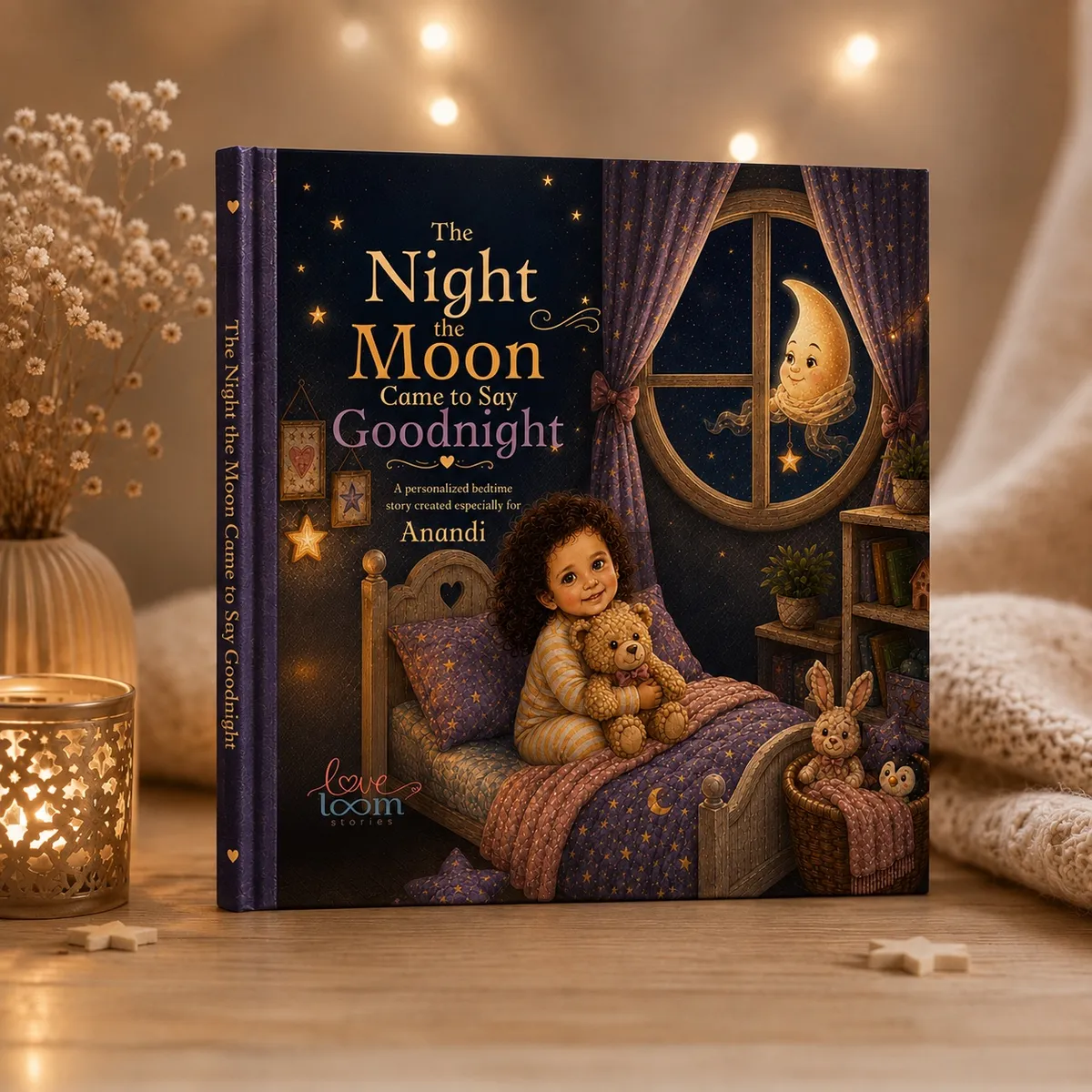 A personalised midnight-blue hardcover storybook with gold moon foil resting on cream linen by a bedside lamp